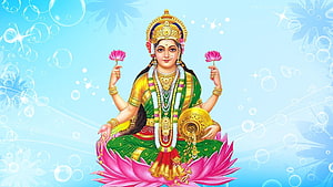 Goddess Lakshmi Seated on Lotus with Pink Flowers and Golden Pot HD wallpaper
