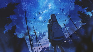 Anime Girl Carrying Guitar Case Under Starry Night Sky with Power Lines HD wallpaper