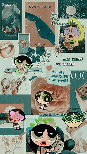 Buttercup Powerpuff Girls Aesthetic Collage Wallpaper with Vintage Text and Floral Elements HD phone wallpaper