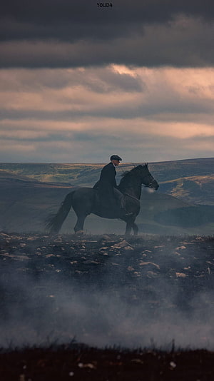 Thomas Shelby on Horseback in Misty Moorscape from Peaky Blinders HD phone wallpaper