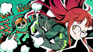 Futaba Sakura Anime Character in Green Hoodie with Glitch Art Background HD wallpaper