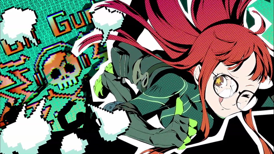 Futaba Sakura Anime Character in Green Hoodie with Glitch Art Background HD wallpaper