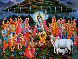 Govardhan Puja Festival Scene With Krishna Lifting Mount Govardhan HD wallpaper
