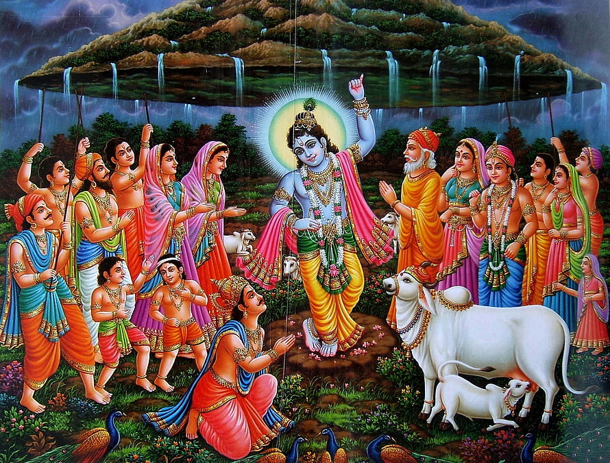 Govardhan Puja Festival Scene With Krishna Lifting Mount Govardhan HD wallpaper