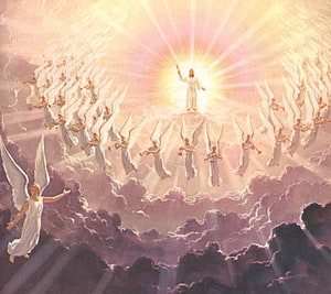Jesus Christ Ascending Above Host of Angels in Heavenly Clouds HD wallpaper