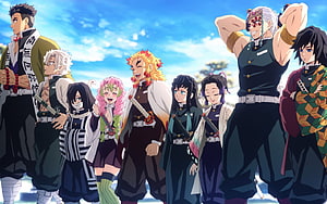 Demon Slayer Hashira Group Standing Together Under Blue Sky HD wallpaper
