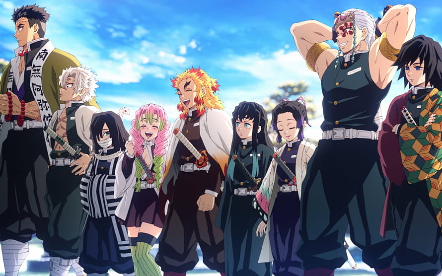 Demon Slayer Hashira Group Standing Together Under Blue Sky HD wallpaper