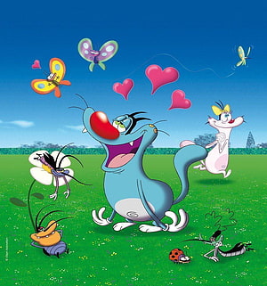 Oggy and the Cockroaches Cartoon Scene with Insects in a Sunny Meadow HD phone wallpaper