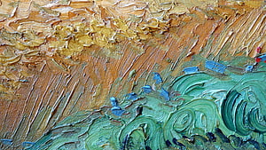 Thick Impasto Oil Painting Texture with Golden Ochre and Turquoise Swirls HD wallpaper