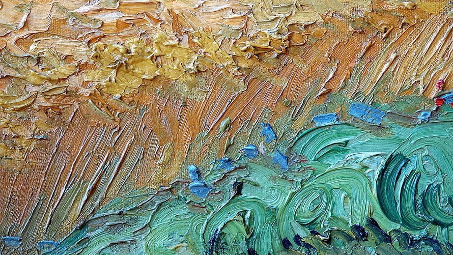 Thick Impasto Oil Painting Texture with Golden Ochre and Turquoise Swirls HD wallpaper