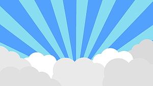 Flat vector illustration of a bright blue sky with radiating sunbeams and fluffy white clouds HD wallpaper