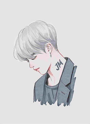 Jimin BTS Fanart: Soft Watercolor Portrait with Silver Hair and Neck Tattoo HD phone wallpaper