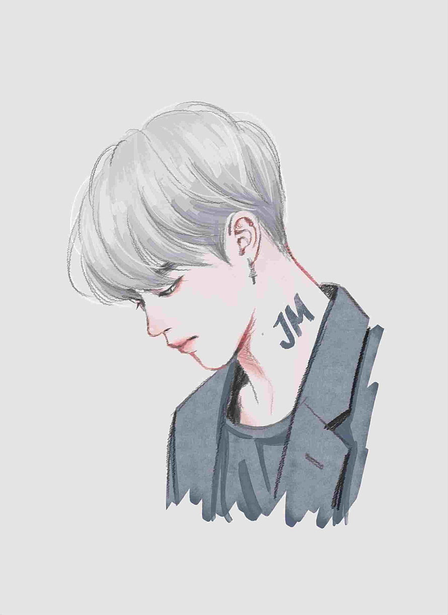 Jimin BTS Fanart: Soft Watercolor Portrait with Silver Hair and Neck Tattoo HD phone wallpaper