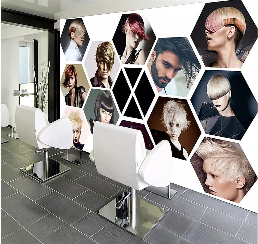 Modern Hair Salon Interior With Hexagonal Fashion Portrait Wall Mural And Styling Chairs HD wallpaper