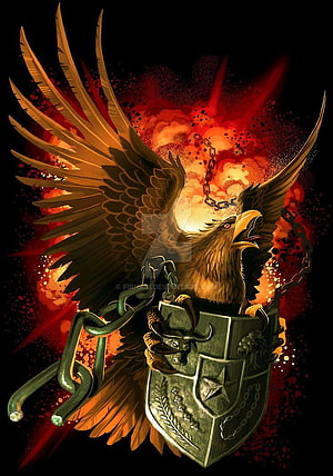 Majestic Garuda Eagle with Shield and Chains Against Fiery Red Background HD phone wallpaper