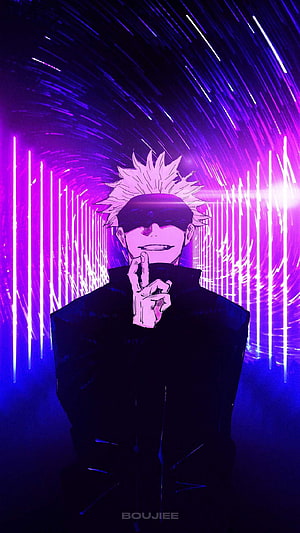 Gojo Satoru from Jujutsu Kaisen in a Neon Purple and Blue Cyberpunk Setting HD phone wallpaper