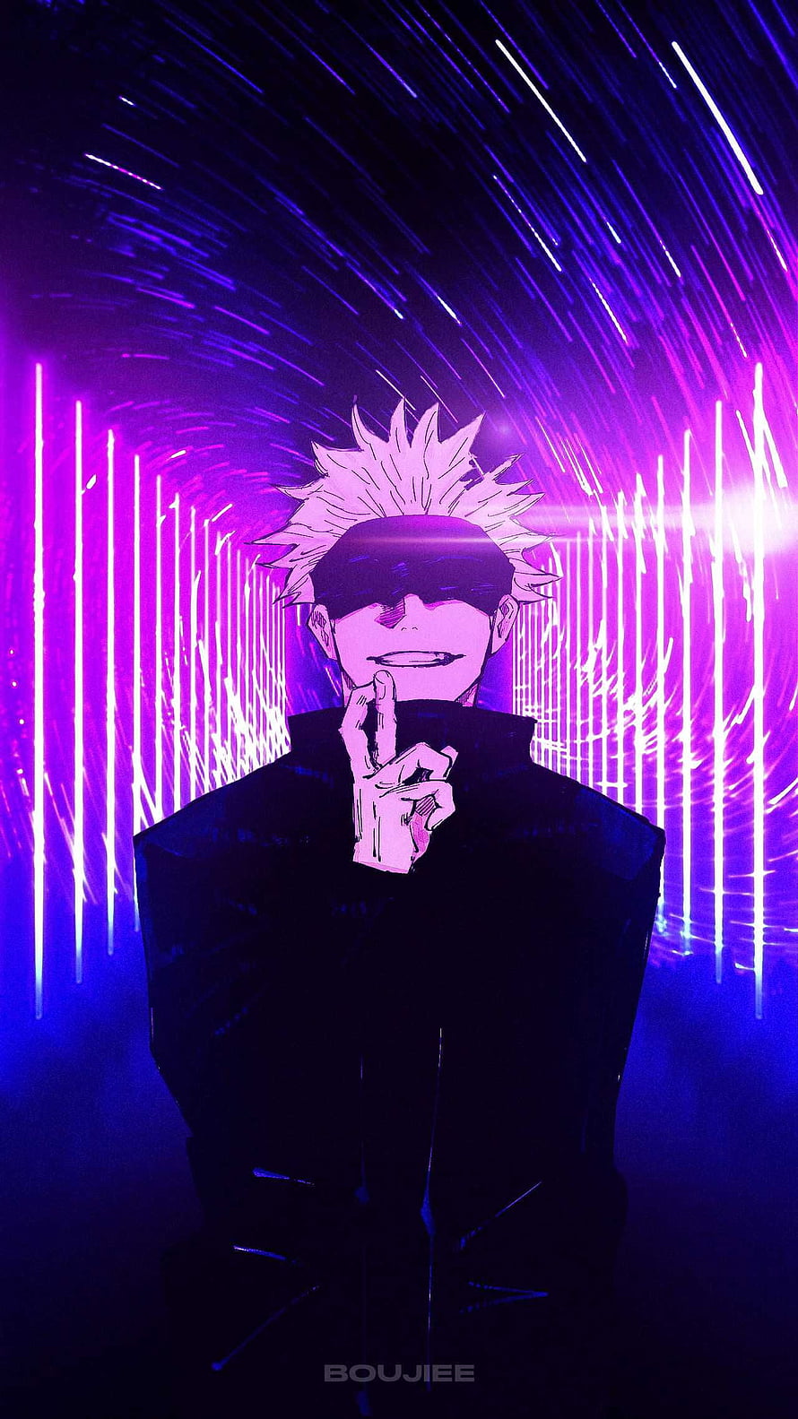 Gojo Satoru from Jujutsu Kaisen in a Neon Purple and Blue Cyberpunk Setting HD phone wallpaper