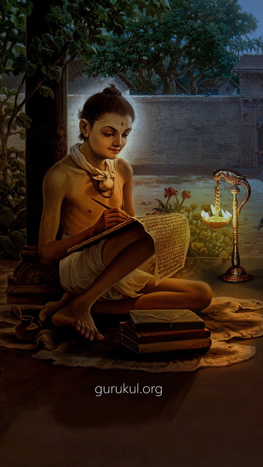Young Indian Scholar Writing on Palm Leaf Manuscript in Ancient Courtyard HD phone wallpaper