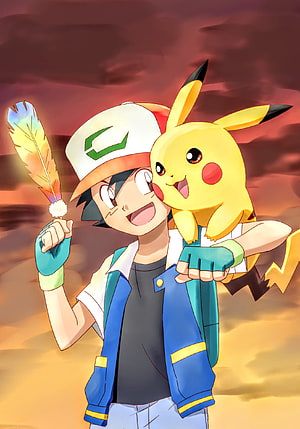 Ash and Pikachu Sharing a Joyful Moment with a Rainbow Feather Against a Sunset Sky HD phone wallpaper