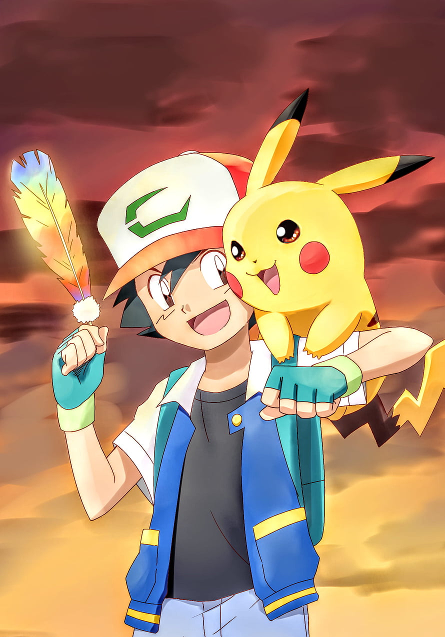 Ash and Pikachu Sharing a Joyful Moment with a Rainbow Feather Against a Sunset Sky HD phone wallpaper