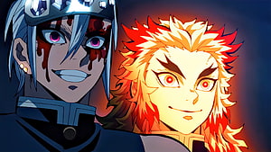 Demon Slayer Anime Art Featuring Tengen Uzui and Kyojuro Rengoku in Dramatic Close-Up HD wallpaper