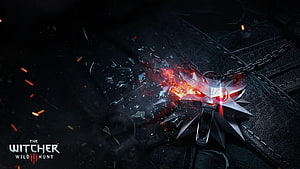 The Witcher 3 Wild Hunt Wolf Medallion with Fiery Sparks on Dark Leather Surface HD wallpaper
