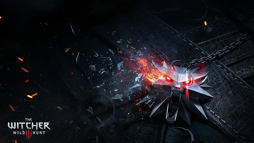 The Witcher 3 Wild Hunt Wolf Medallion with Fiery Sparks on Dark Leather Surface HD wallpaper