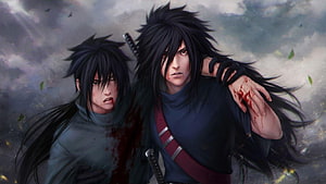 Madara Uchiha and Itachi Uchiha in a Dramatic Battle Scene from Naruto HD wallpaper