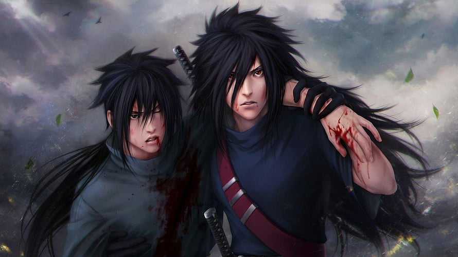 Madara Uchiha and Itachi Uchiha in a Dramatic Battle Scene from Naruto HD wallpaper