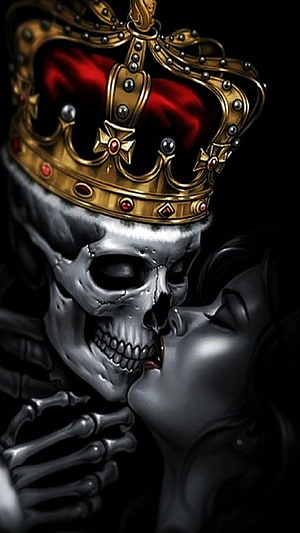 Crowned Skull King and Queen Sharing an Intimate Kiss in Dark Fantasy Art HD phone wallpaper