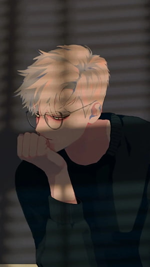 Melancholic Anime Boy With Glasses And Blonde Hair In Shadowed Room HD phone wallpaper