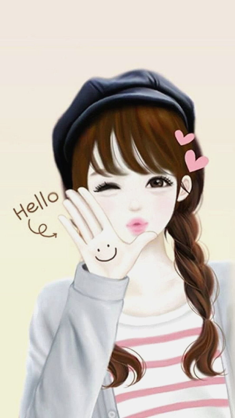 Cute Cartoon Girl Waving Hello with Beret and Braid HD phone wallpaper