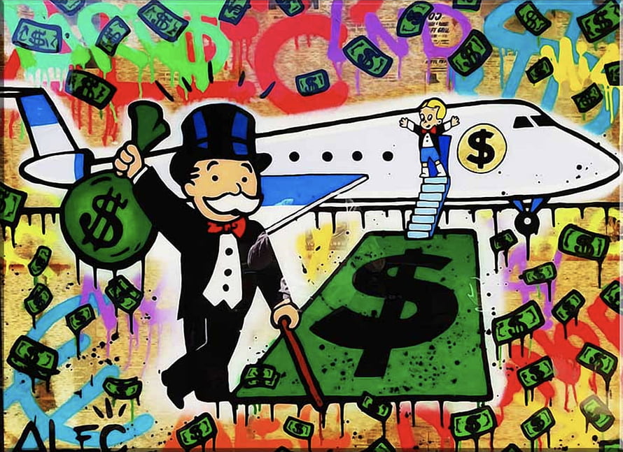 Alec Monopoly Lux Life Street Art Canvas with Monopoly Man and Private Jet HD wallpaper