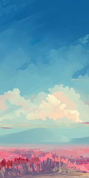 Pastel Anime Landscape with Pink Flower Field and Soft Cloudy Sky HD phone wallpaper