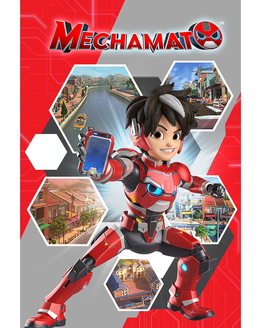 Mechamato 3D Animated Hero in Red Robot Suit with Hexagonal City Background HD phone wallpaper