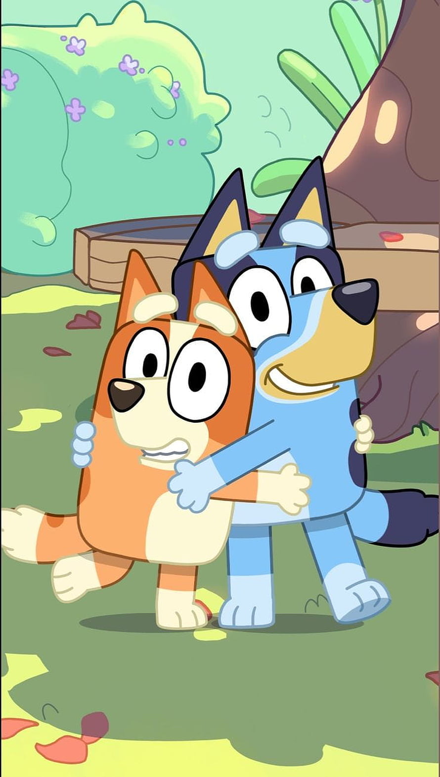Bluey and Bingo sharing a warm hug in a colorful garden setting from the animated series HD phone wallpaper