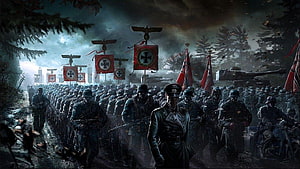 Dark WWII Military Parade with Iron Cross Banners and Armored Tanks in a Misty Forest HD wallpaper