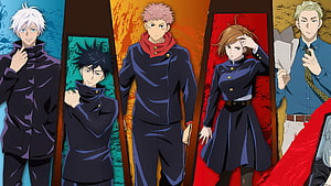 Jujutsu Kaisen Anime Character Lineup in Dark Uniforms HD wallpaper