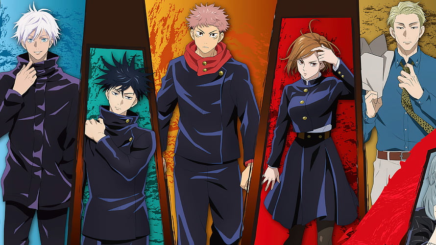 Jujutsu Kaisen Anime Character Lineup in Dark Uniforms HD wallpaper