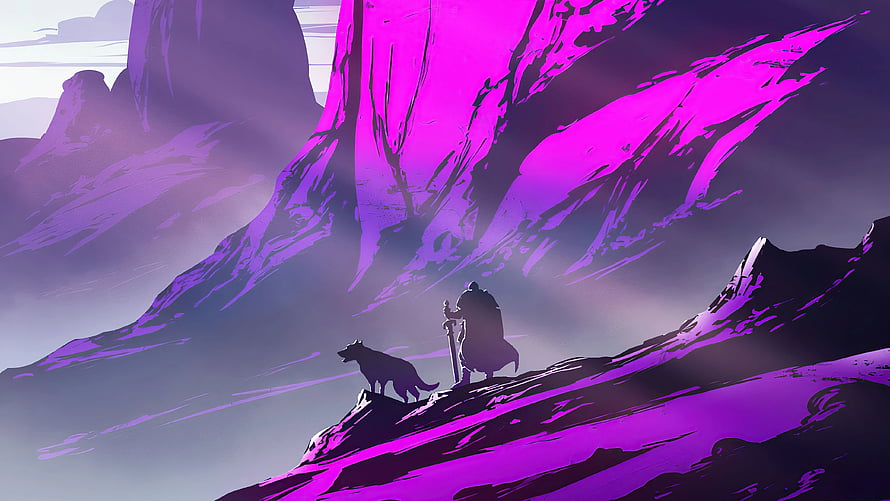 Silhouette of a warrior and wolf on a purple mountain peak in a stylized digital landscape HD wallpaper