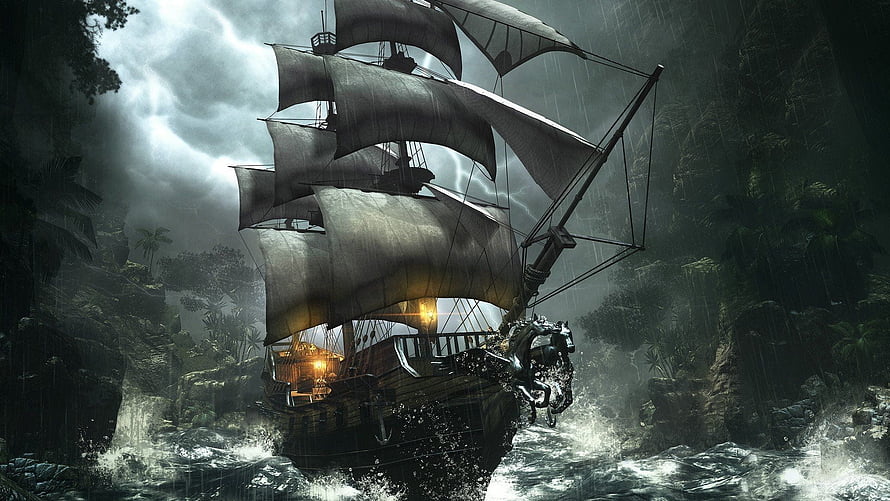 The Black Pearl sailing through a stormy jungle river with dramatic lighting and dark atmosphere HD wallpaper