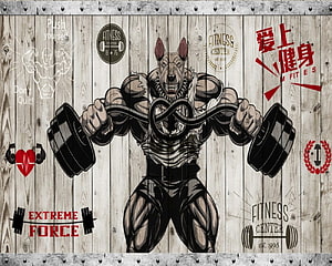 Muscular Dog Bodybuilder Lifting Dumbbells on Rustic Wood Gym Wall Mural HD wallpaper