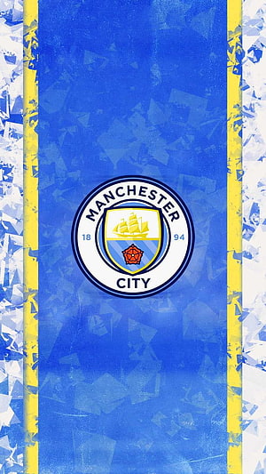 Manchester City Official Club Crest on Blue Geometric Background HD phone wallpaper
