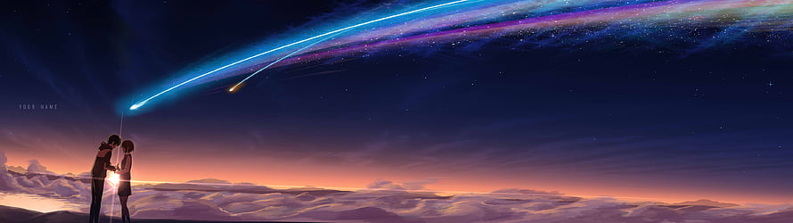 Your Name Anime Scene with Comet and Sunset Skyline HD wallpaper