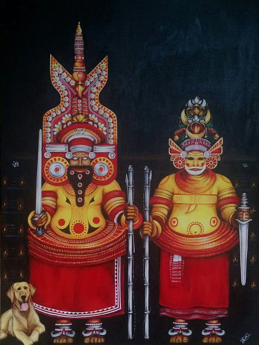 Sree Muthappan Traditional Kerala Temple Art Painting with Dog Companion HD phone wallpaper