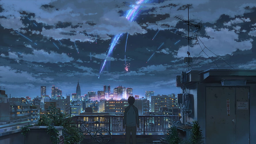Your Name Anime Rooftop Scene With Meteor Shower Over Tokyo Cityscape HD wallpaper