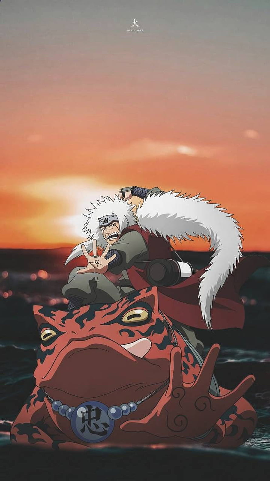 Jiraiya Riding Giant Toad at Sunset in Naruto Anime Artwork HD phone wallpaper