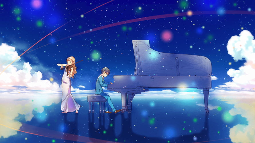Shigatsu wa Kimi no Uso anime illustration of piano and violin performance under a starry night sky HD wallpaper