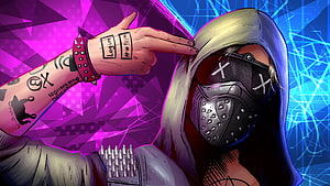 Wrench from Watch Dogs 2 in a hooded mask with cyberpunk neon background and tattooed arm HD wallpaper