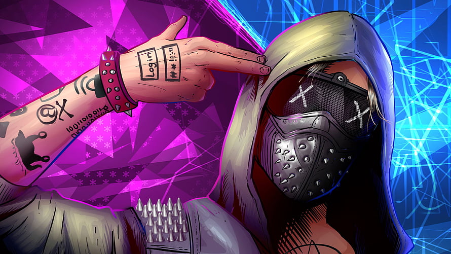 Wrench from Watch Dogs 2 in a hooded mask with cyberpunk neon background and tattooed arm HD wallpaper